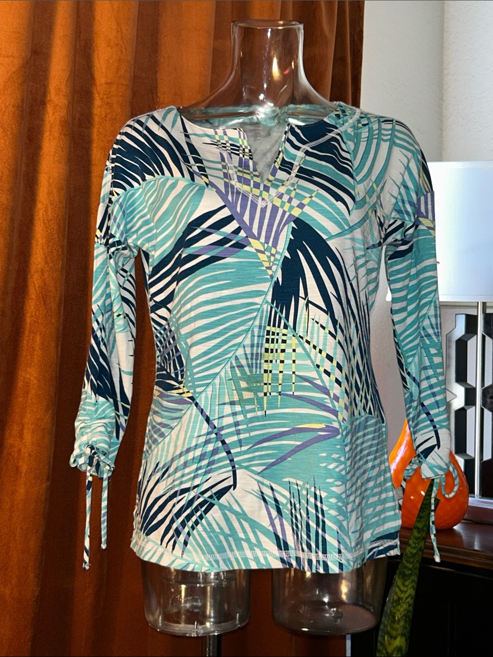 Talbots Teal, Navy and Cream Abstract Palm-Print Tunic